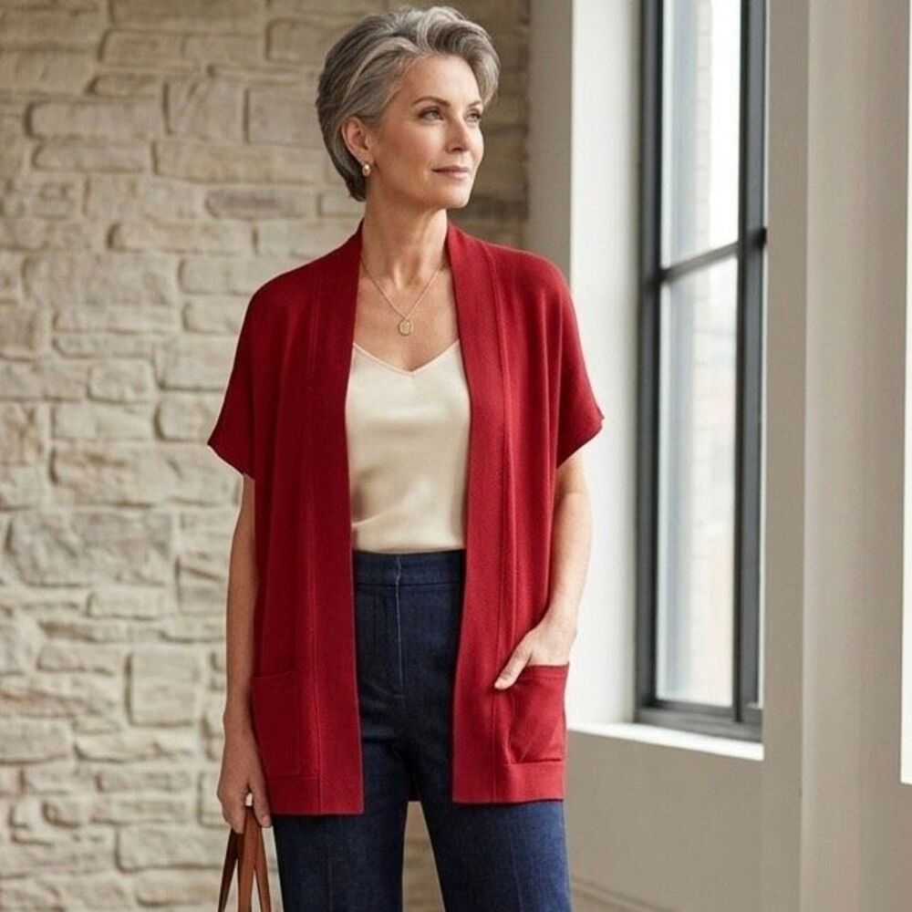 Chico’s Red Open Front Cardigan Short Sleeve Lightweight Knit Size 2